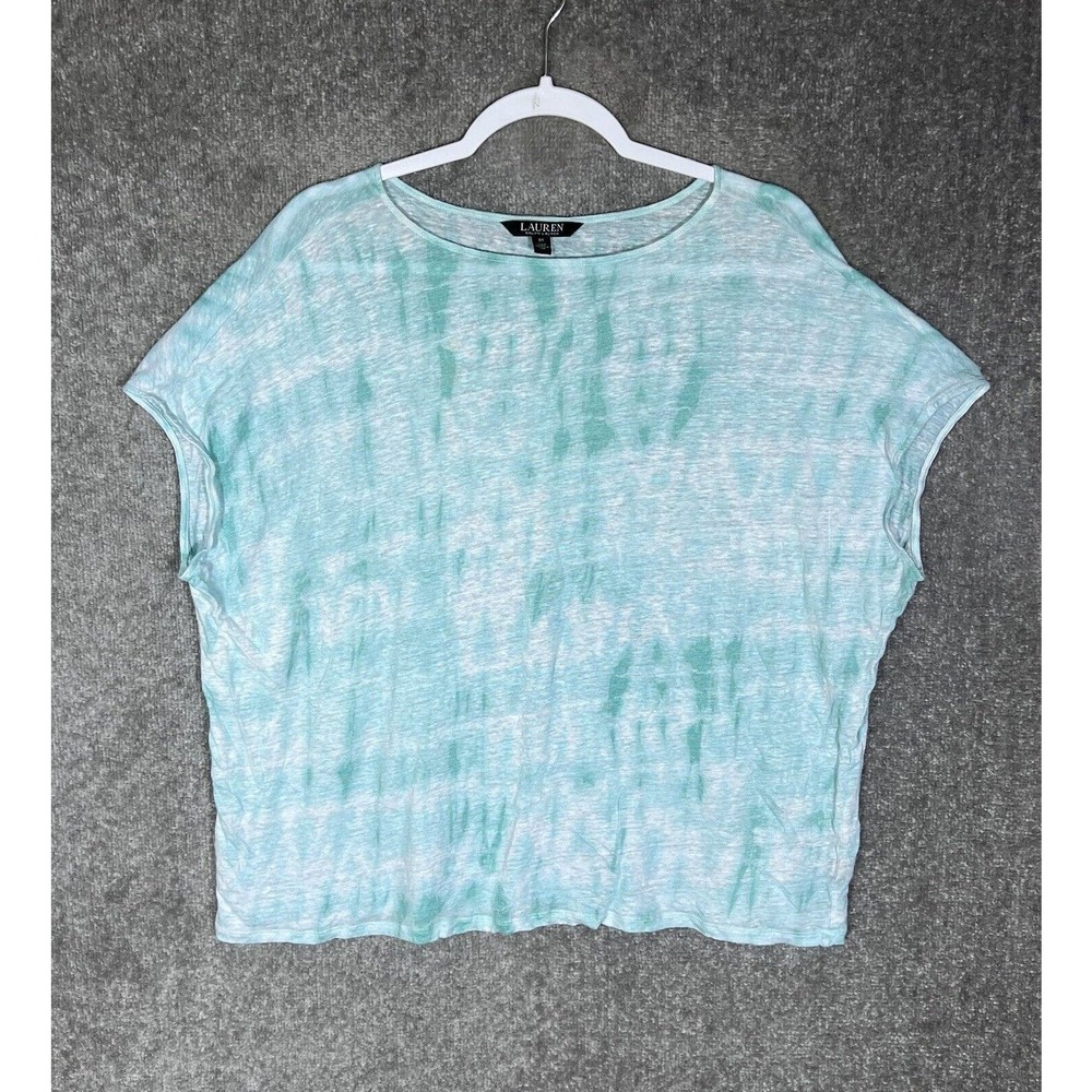 LAUREN Ralph Lauren Linen Tie Dye Short Sleeve Top Womens Size 3X Turquoise Aqua